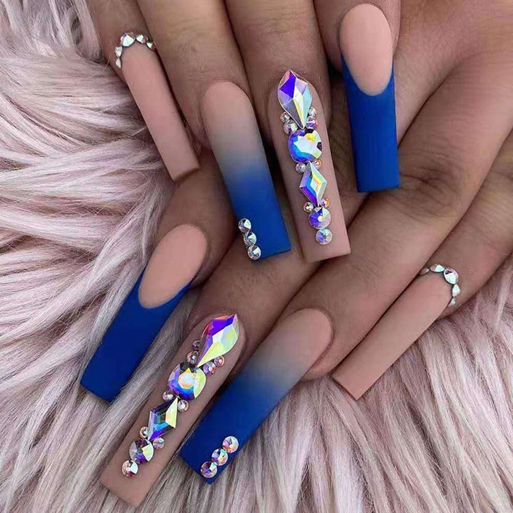 24pcs Matte Fake Nails Extra Long Ballerina Coffin Dark Blue Colorful Rhinestone Decals False Nails with designs Nail Art Basso & Brooke