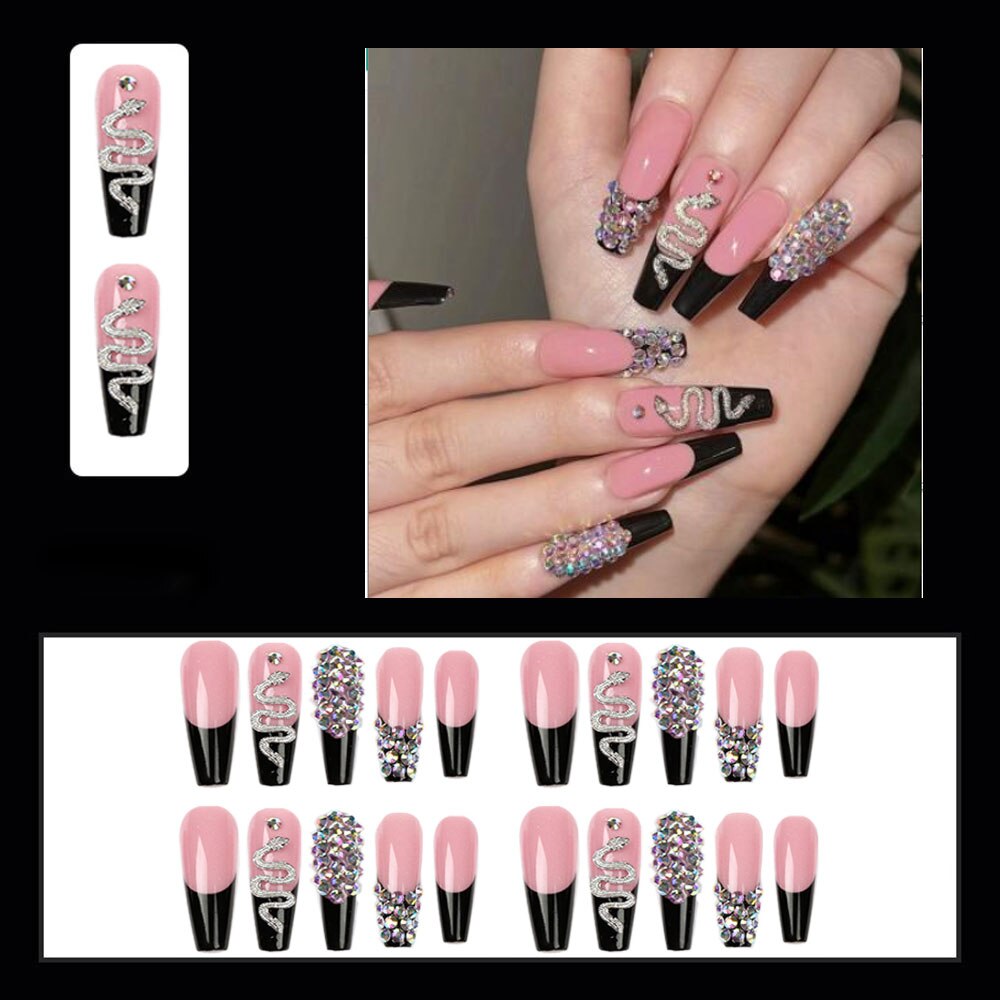 24pcs Matte Fake Nails Extra Long Ballerina Coffin Dark Blue Colorful Rhinestone Decals False Nails with designs Nail Art D2