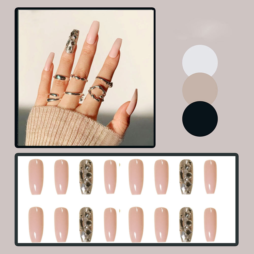 24pcs Matte Fake Nails Extra Long Ballerina Coffin Dark Blue Colorful Rhinestone Decals False Nails with designs Nail Art B8