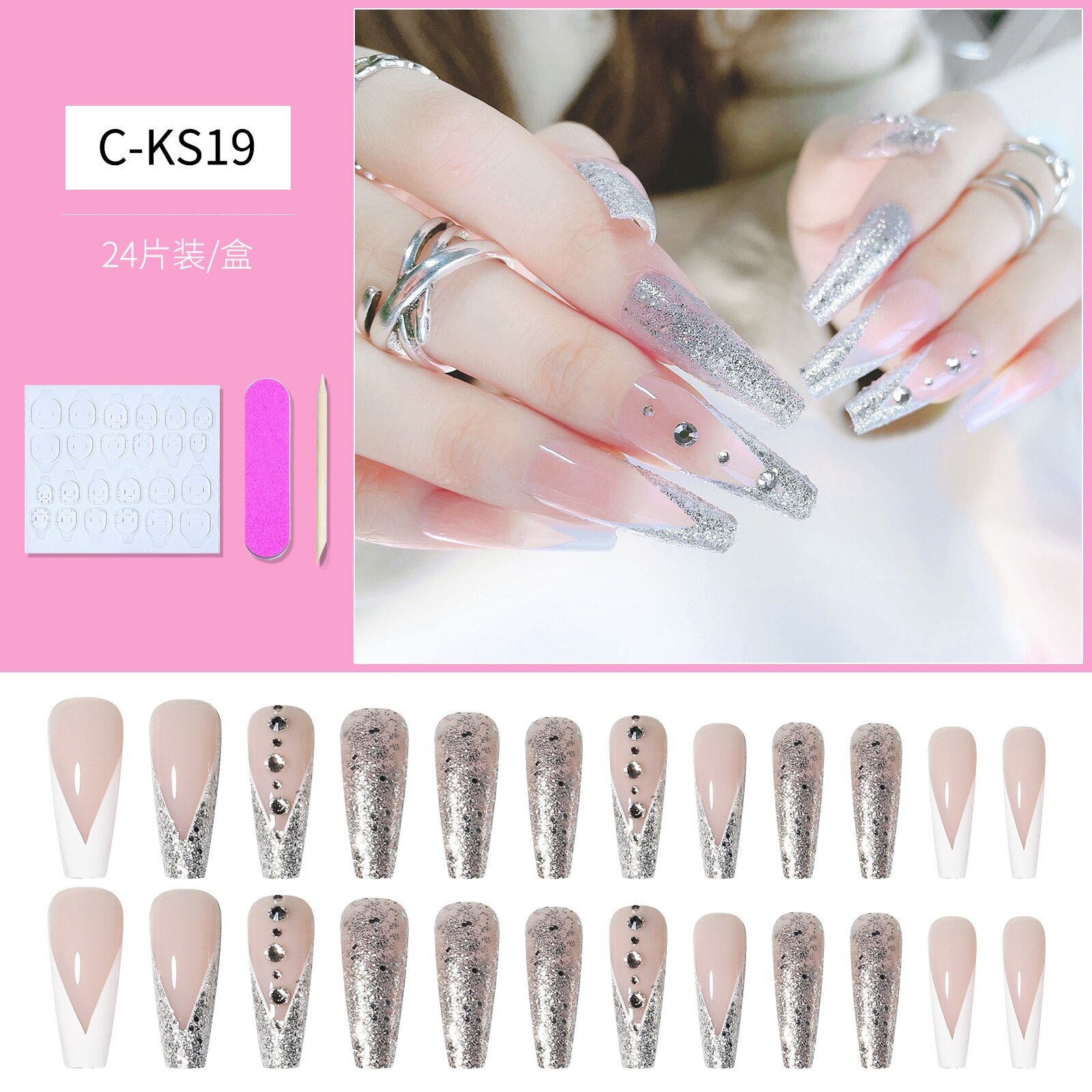 24pcs Matte Fake Nails Extra Long Ballerina Coffin Dark Blue Colorful Rhinestone Decals False Nails with designs Nail Art B2
