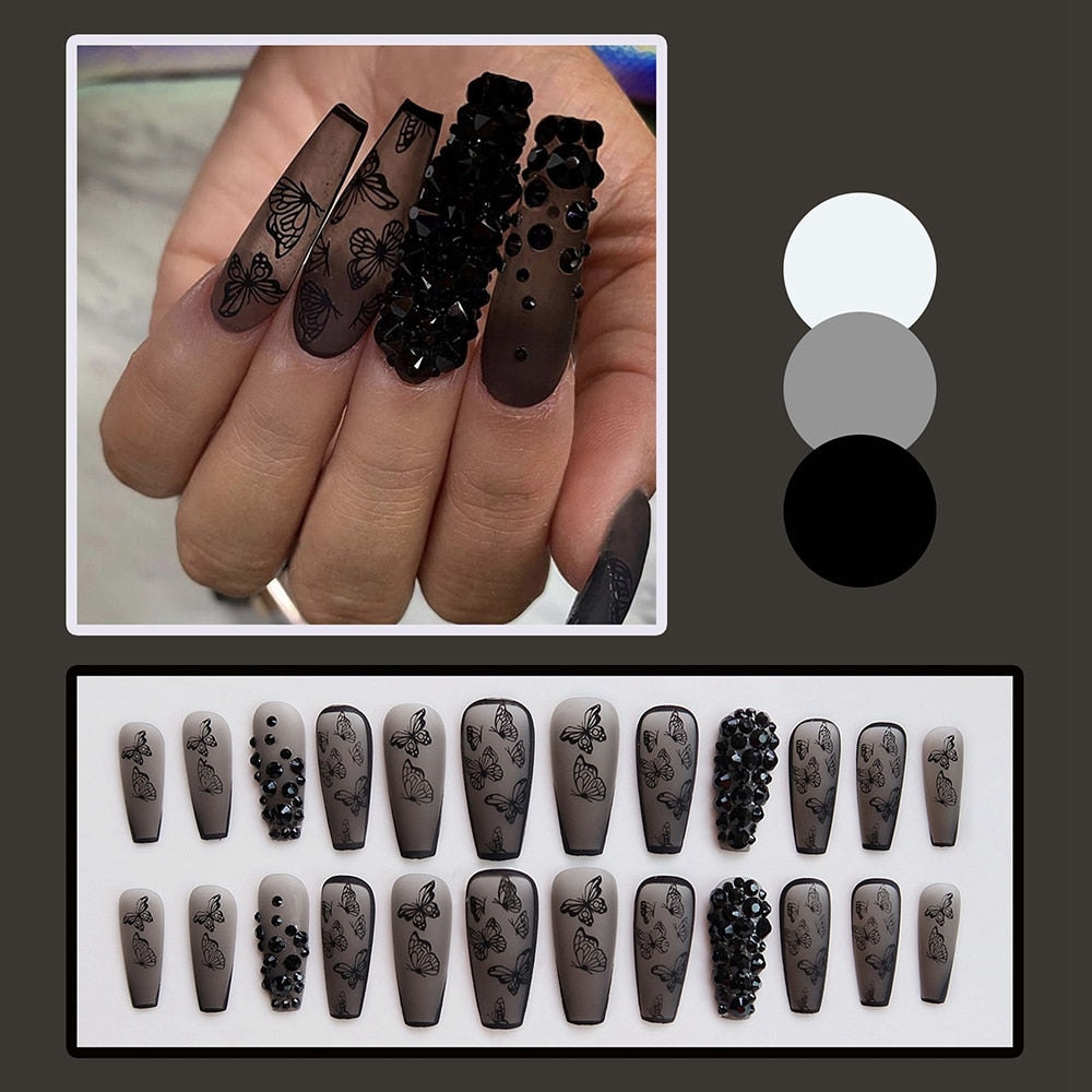 24pcs Matte Fake Nails Extra Long Ballerina Coffin Dark Blue Colorful Rhinestone Decals False Nails with designs Nail Art A3