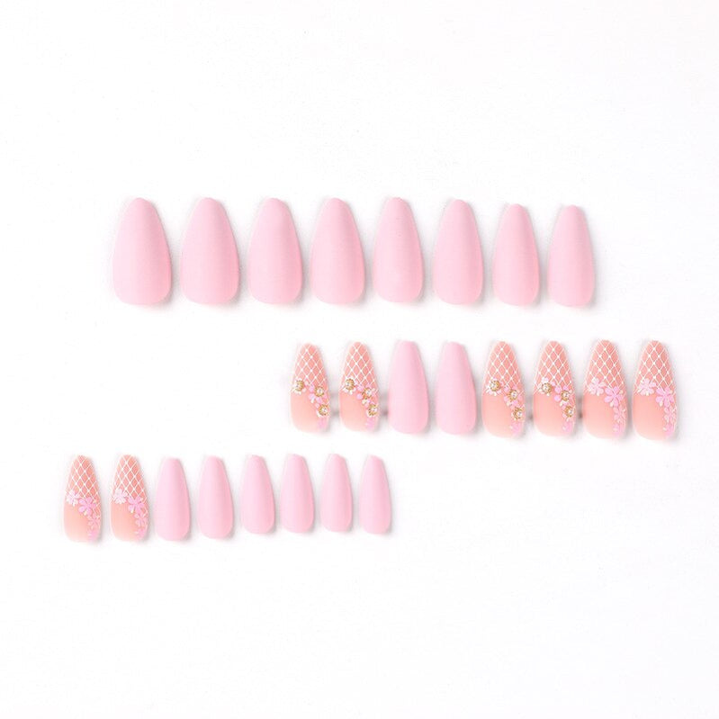 24pcs Matte Pink Almond Press On Nails Flower Design Fake Nails New Fashion French Style Full Cover False Nail Acrylic Nail Tips