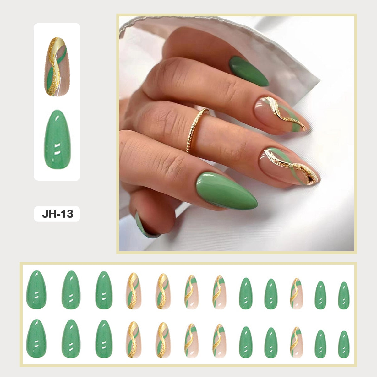 24pcs Nail Art Fake Nails with Glitter and Lines in Shape of Water Drop Square Press on False Nails With Glue and Wearing Tools JH-13