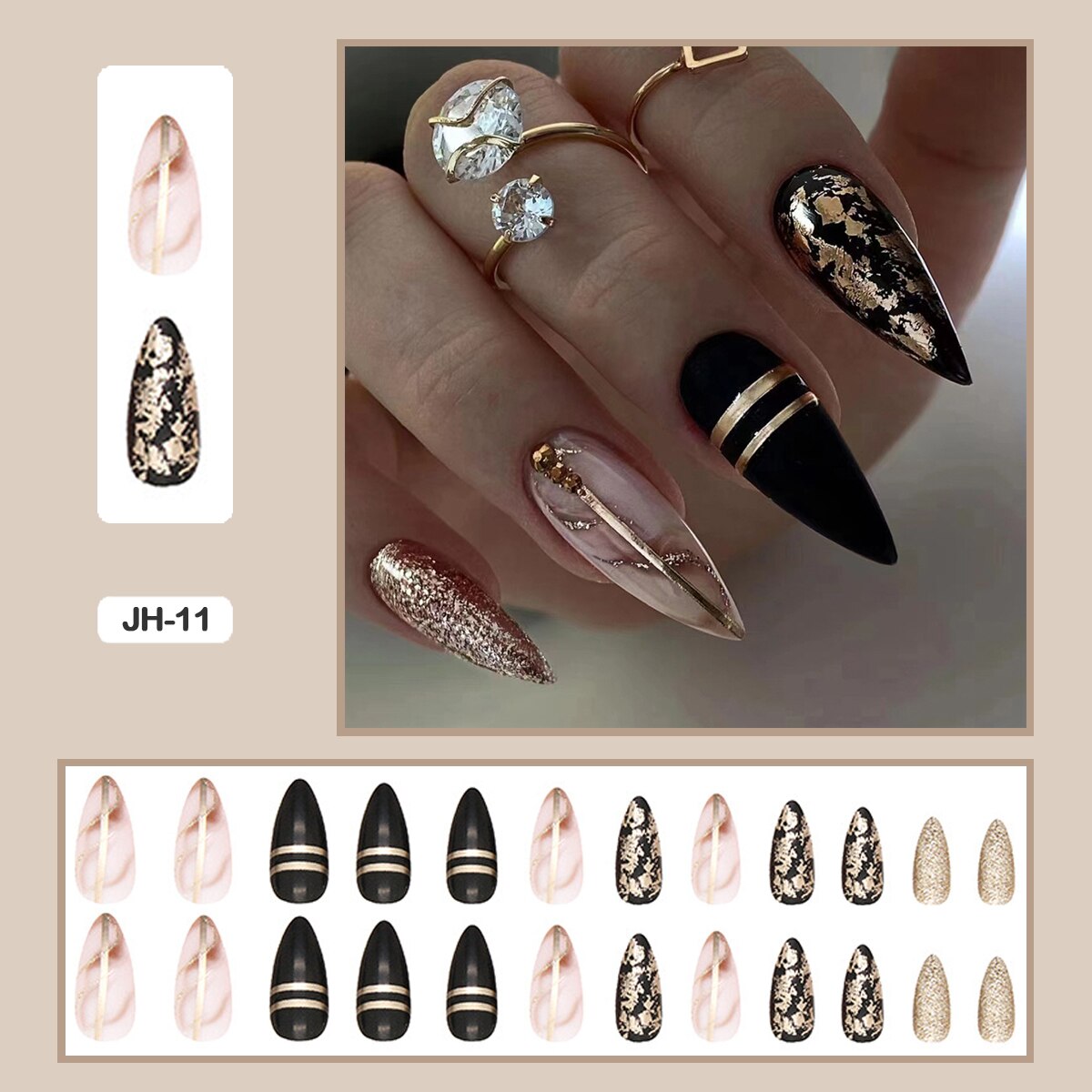 24pcs Nail Art Fake Nails with Glitter and Lines in Shape of Water Drop Square Press on False Nails With Glue and Wearing Tools JH-11