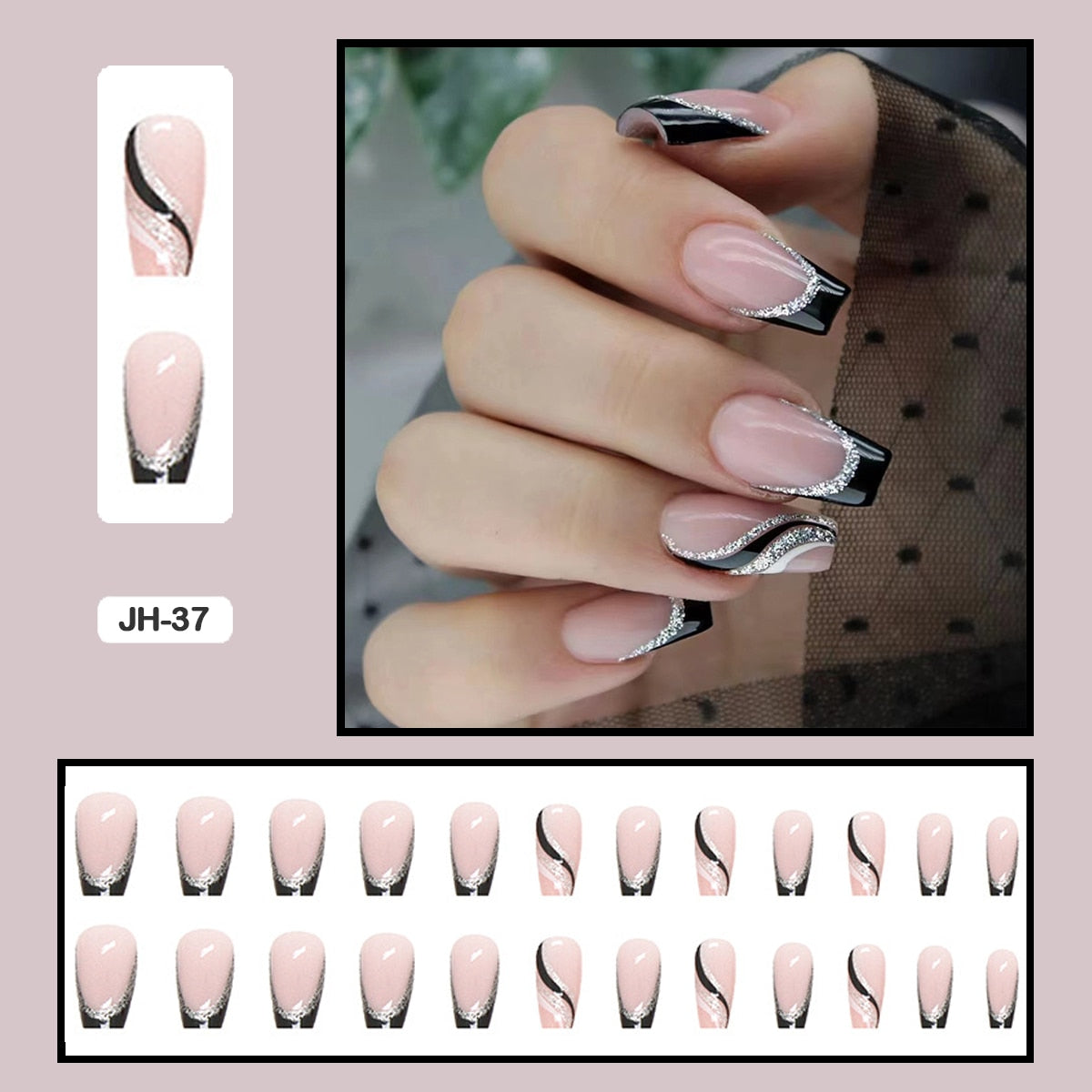 24pcs Nail Art Fake Nails with Glitter and Lines in Shape of Water Drop Square Press on False Nails With Glue and Wearing Tools JH-38