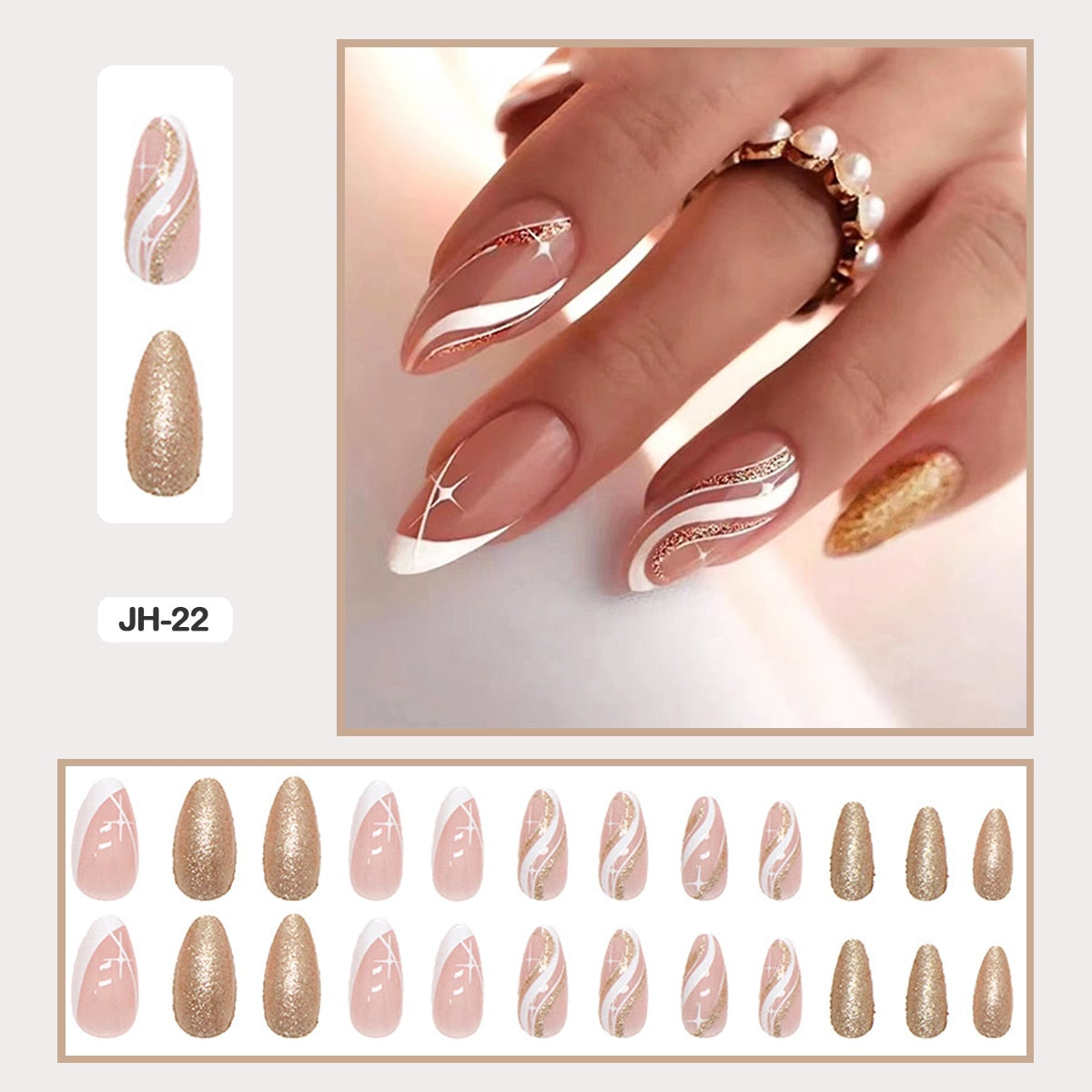 24pcs Nail Art Fake Nails with Glitter and Lines in Shape of Water Drop Square Press on False Nails With Glue and Wearing Tools JH-22