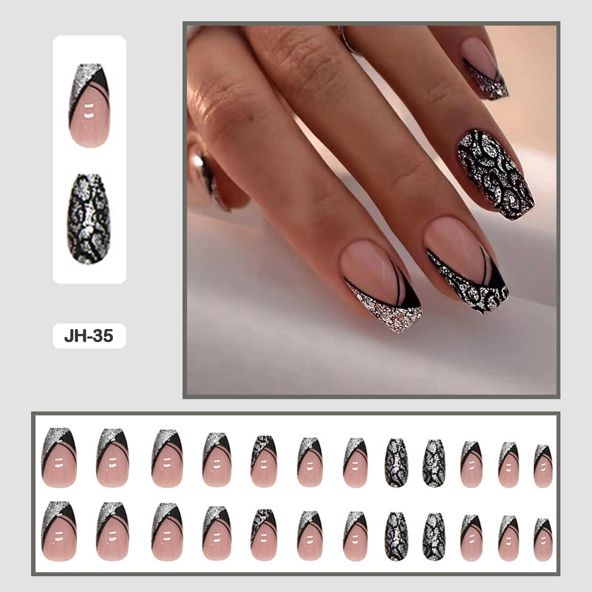 24pcs Nail Art Fake Nails with Glitter and Lines in Shape of Water Drop Square Press on False Nails With Glue and Wearing Tools JH-35