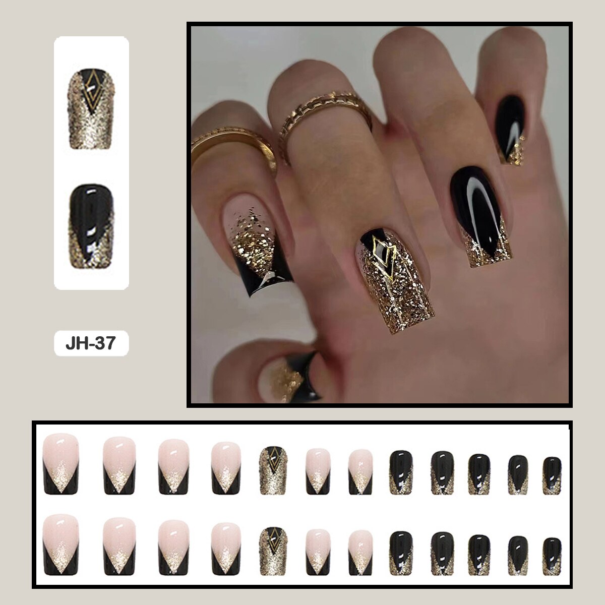 24pcs Nail Art Fake Nails with Glitter and Lines in Shape of Water Drop Square Press on False Nails With Glue and Wearing Tools JH-37