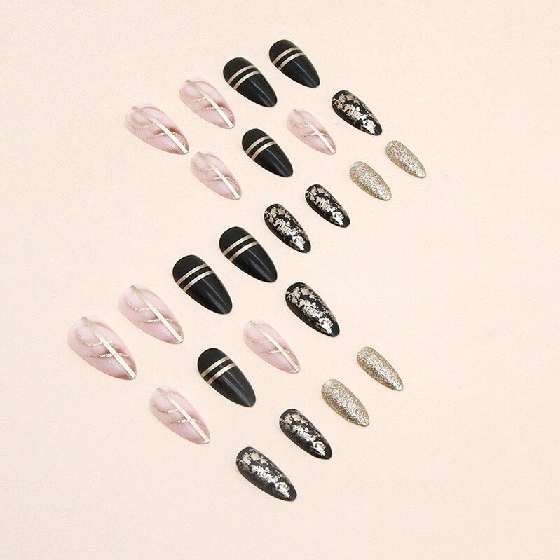 24pcs Nail Art Fake Nails with Glitter and Lines in Shape of Water Drop Square Press on False Nails With Glue and Wearing Tools