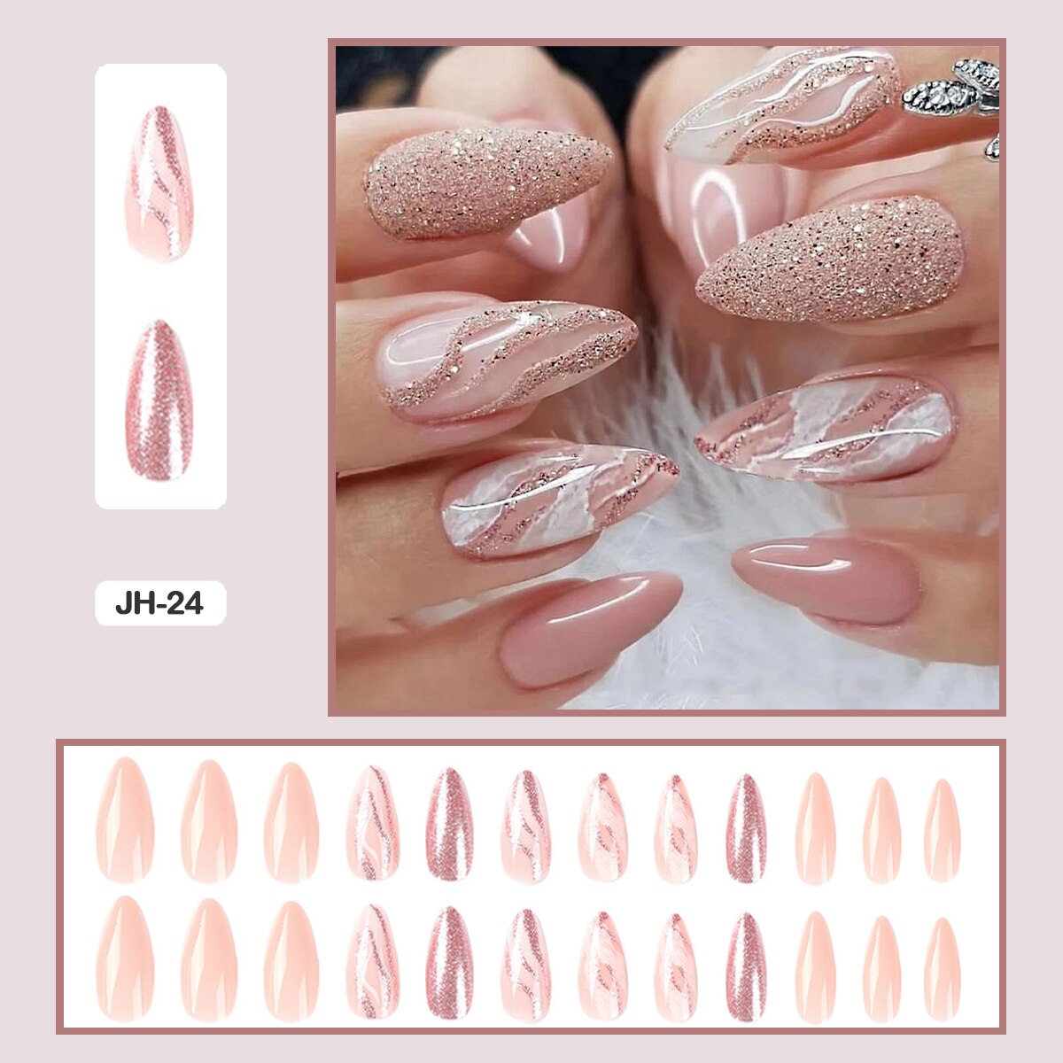 24pcs Nail Art Fake Nails with Glitter and Lines in Shape of Water Drop Square Press on False Nails With Glue and Wearing Tools JH-24