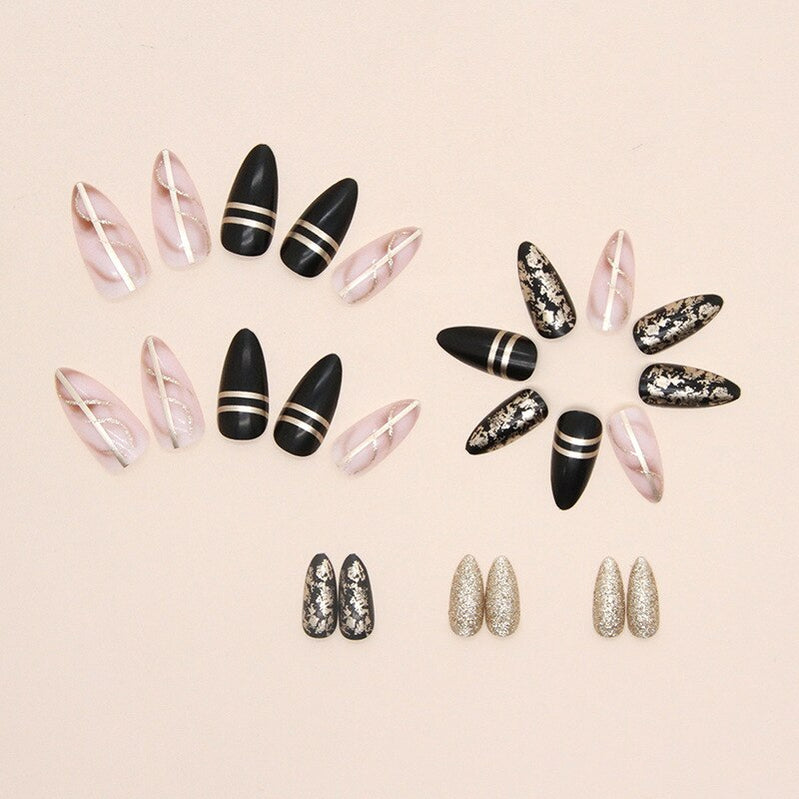 24pcs Nail Art Fake Nails with Glitter and Lines in Shape of Water Drop Square Press on False Nails With Glue and Wearing Tools