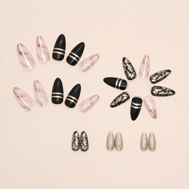 24pcs Nail Art Fake Nails with Glitter and Lines in Shape of Water Drop Square Press on False Nails With Glue and Wearing Tools