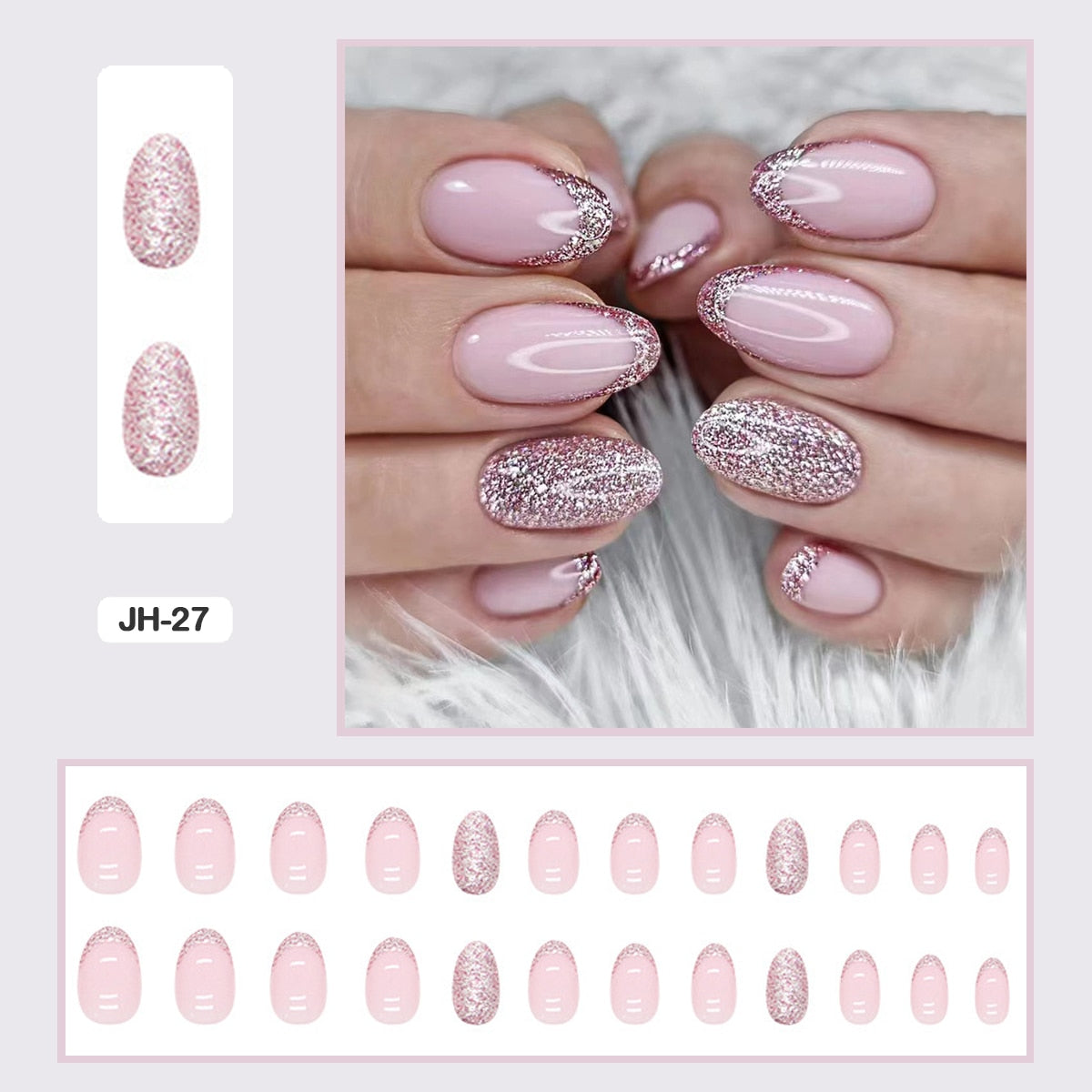 24pcs Nail Art Fake Nails with Glitter and Lines in Shape of Water Drop Square Press on False Nails With Glue and Wearing Tools JH-27
