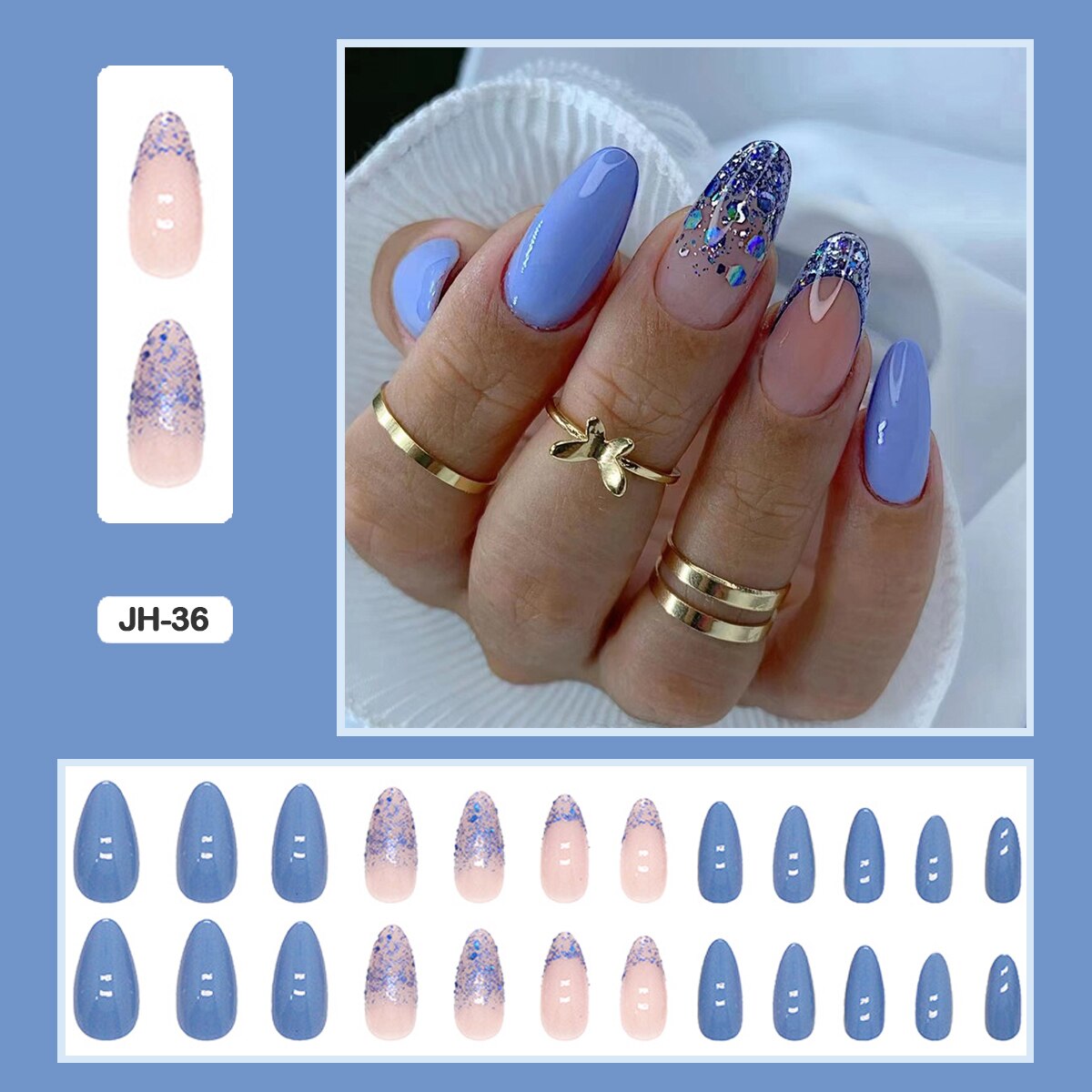 24pcs Nail Art Fake Nails with Glitter and Lines in Shape of Water Drop Square Press on False Nails With Glue and Wearing Tools JH-36