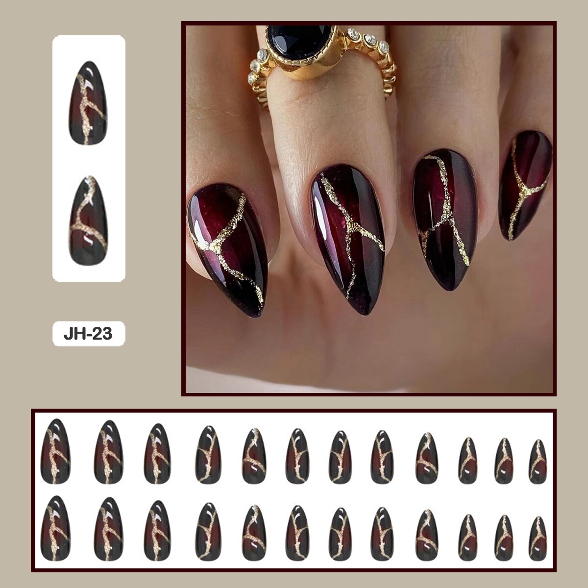 24pcs Nail Art Fake Nails with Glitter and Lines in Shape of Water Drop Square Press on False Nails With Glue and Wearing Tools JH-23