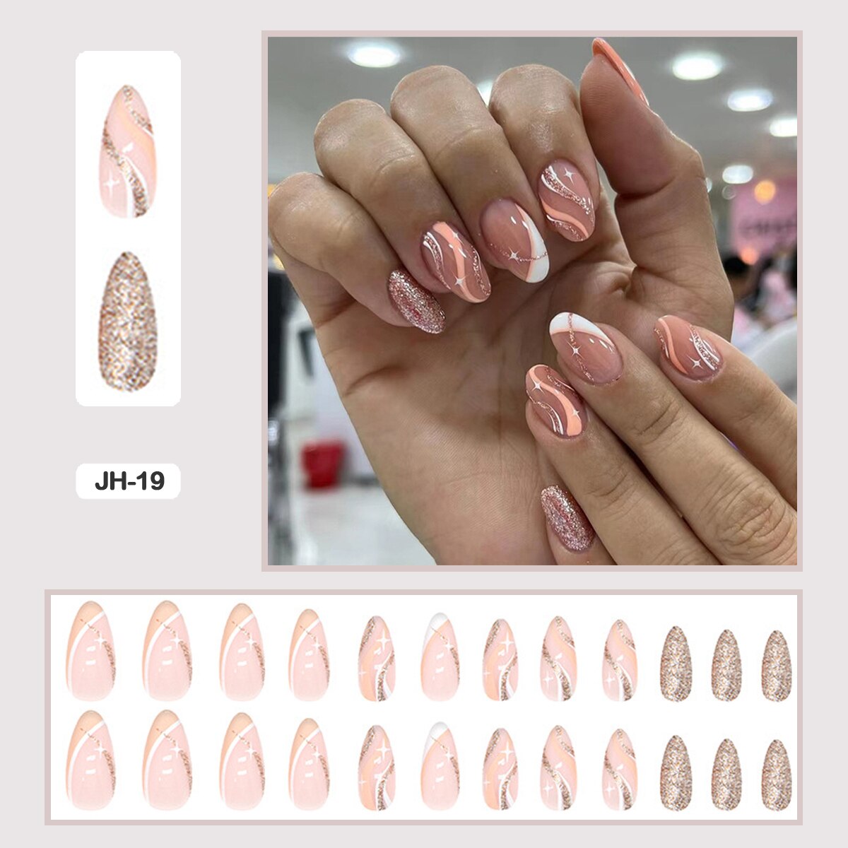 24pcs Nail Art Fake Nails with Glitter and Lines in Shape of Water Drop Square Press on False Nails With Glue and Wearing Tools JH-19