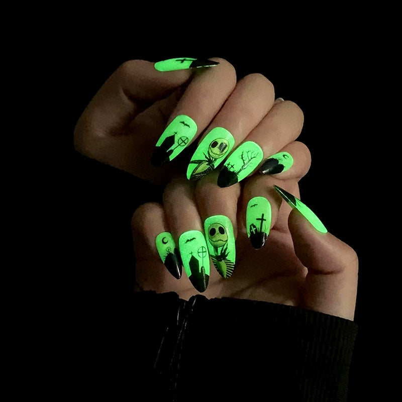 24pcs Noctilucent Green Black Edge French Halloween Wearing Nail Press On Holiday False Nails Unique Nail Art Default Title