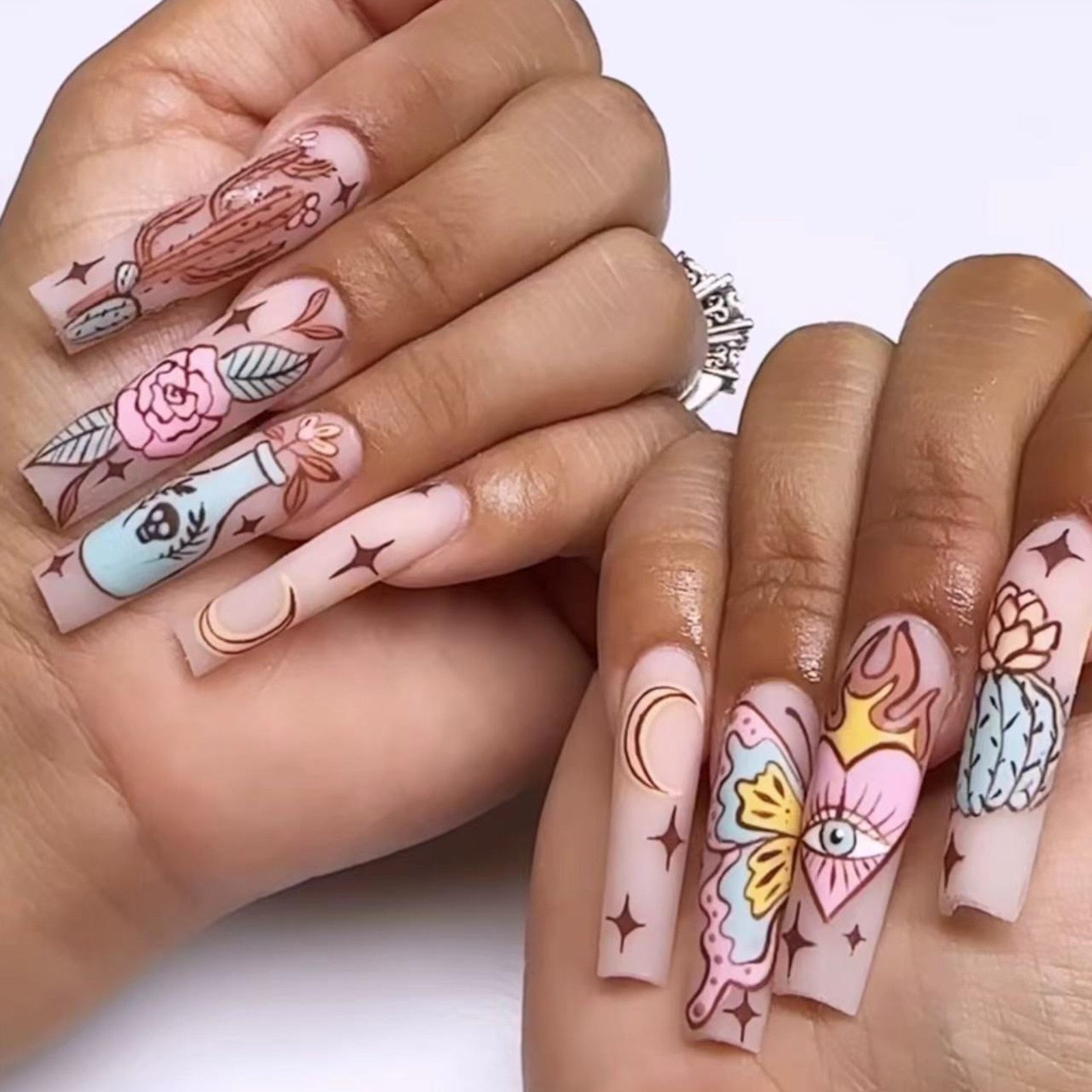 24pcs Removeable False Nails with Glue Ballet Nails with Designs Gradient Shinny Brown Press on Nails Coffin Glitter Fake Nails CJ-05