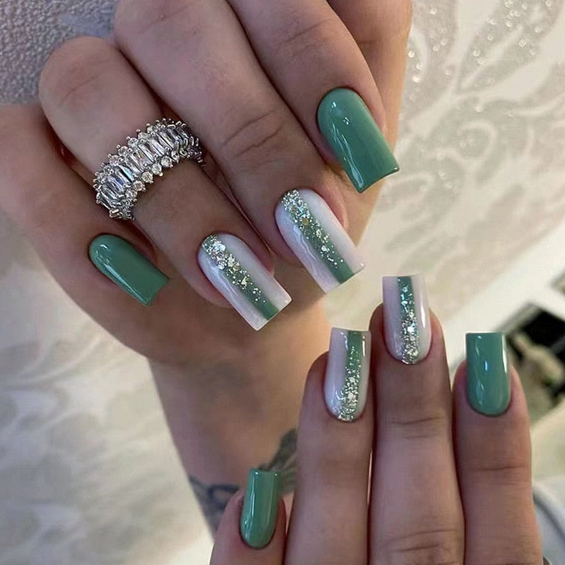 24pcs Removeable False Nails with Glue Ballet Nails with Designs Gradient Shinny Brown Press on Nails Coffin Glitter Fake Nails 538