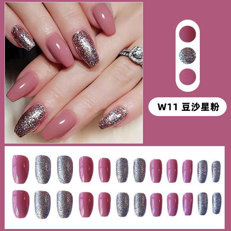 24pcs Removeable False Nails with Glue Ballet Nails with Designs Gradient Shinny Brown Press on Nails Coffin Glitter Fake Nails W11