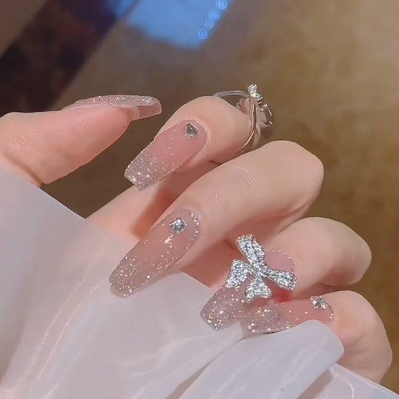 24pcs Rhinestone Design Fake Nails Shiny Bridal Women Lady party nail DIy Decorations Press On nail Tips False Nail Patch Spain 361941