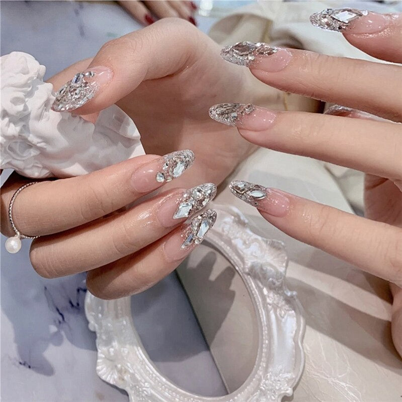24pcs Rhinestone Design Fake Nails Shiny Bridal Women Lady party nail DIy Decorations Press On nail Tips False Nail Patch Spain 345799