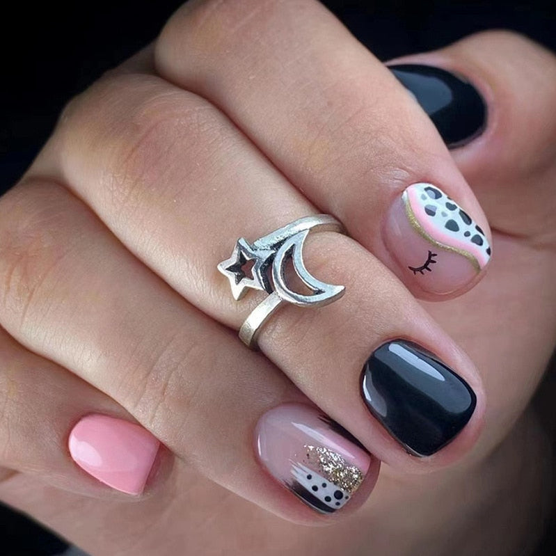 24pcs Silver glitter artificial fake nails with glue sweet cool y2k false nails with designs removeable french press on nails 532