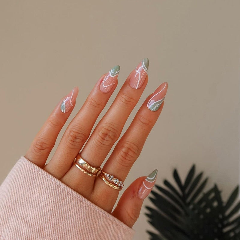 24pcs Simple Style Nail Art Colorful Lines Fake Nails In Shape Of Water Drop Press On False Nails With Glue DIY Nail Art Tips JP1422