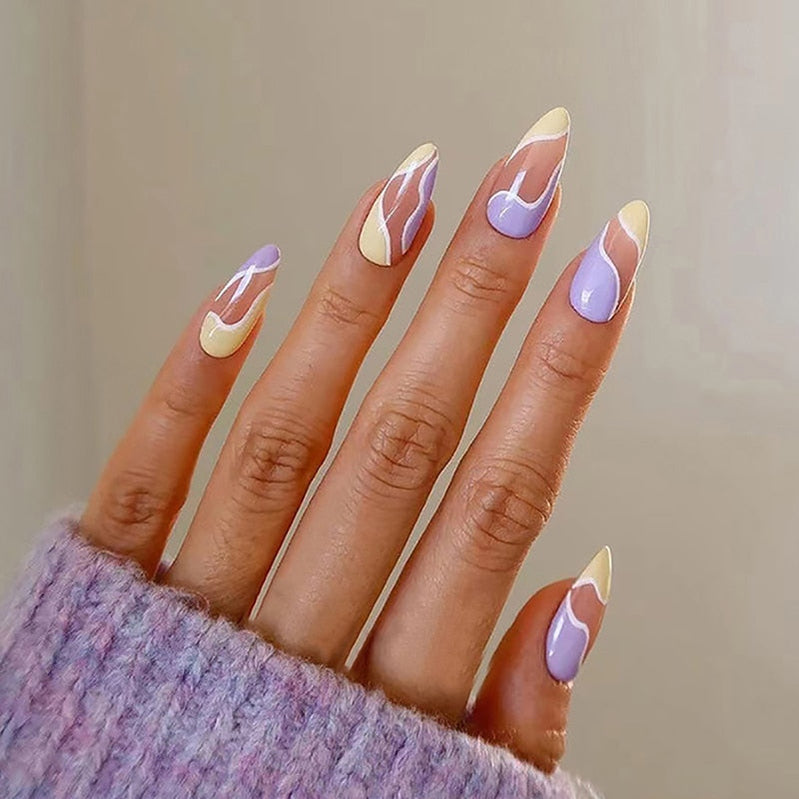 24pcs Simple Style Nail Art Colorful Lines Fake Nails In Shape Of Water Drop Press On False Nails With Glue DIY Nail Art Tips