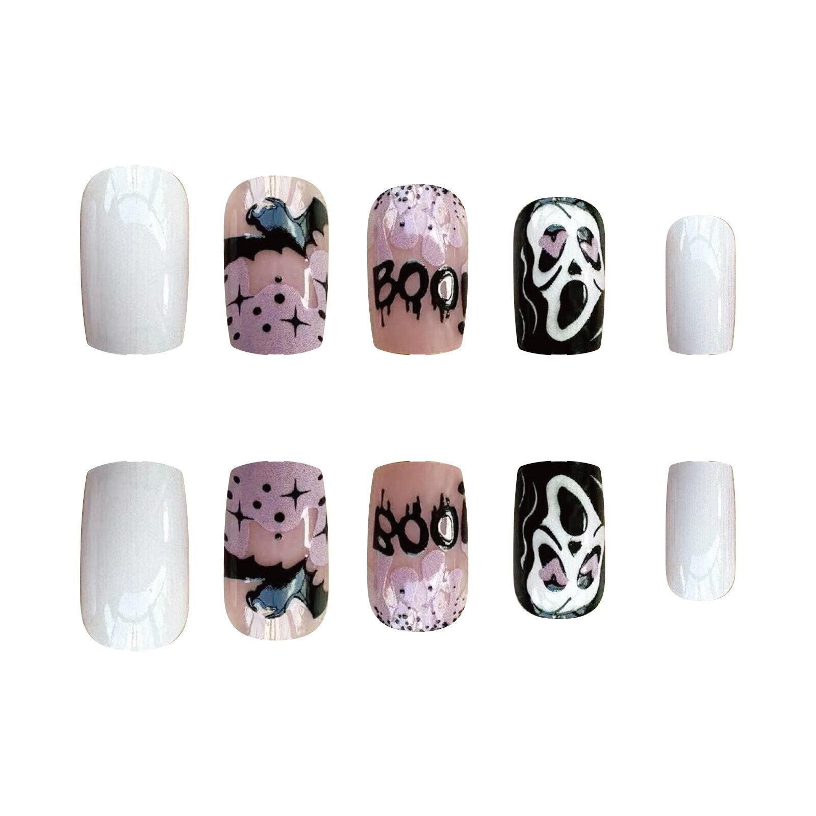 24pcs Sweet Cool Pink Black False Nails Halloween Skull Batch Pattern Design Press On Nail Patch Wearable Artificial Nail Tips