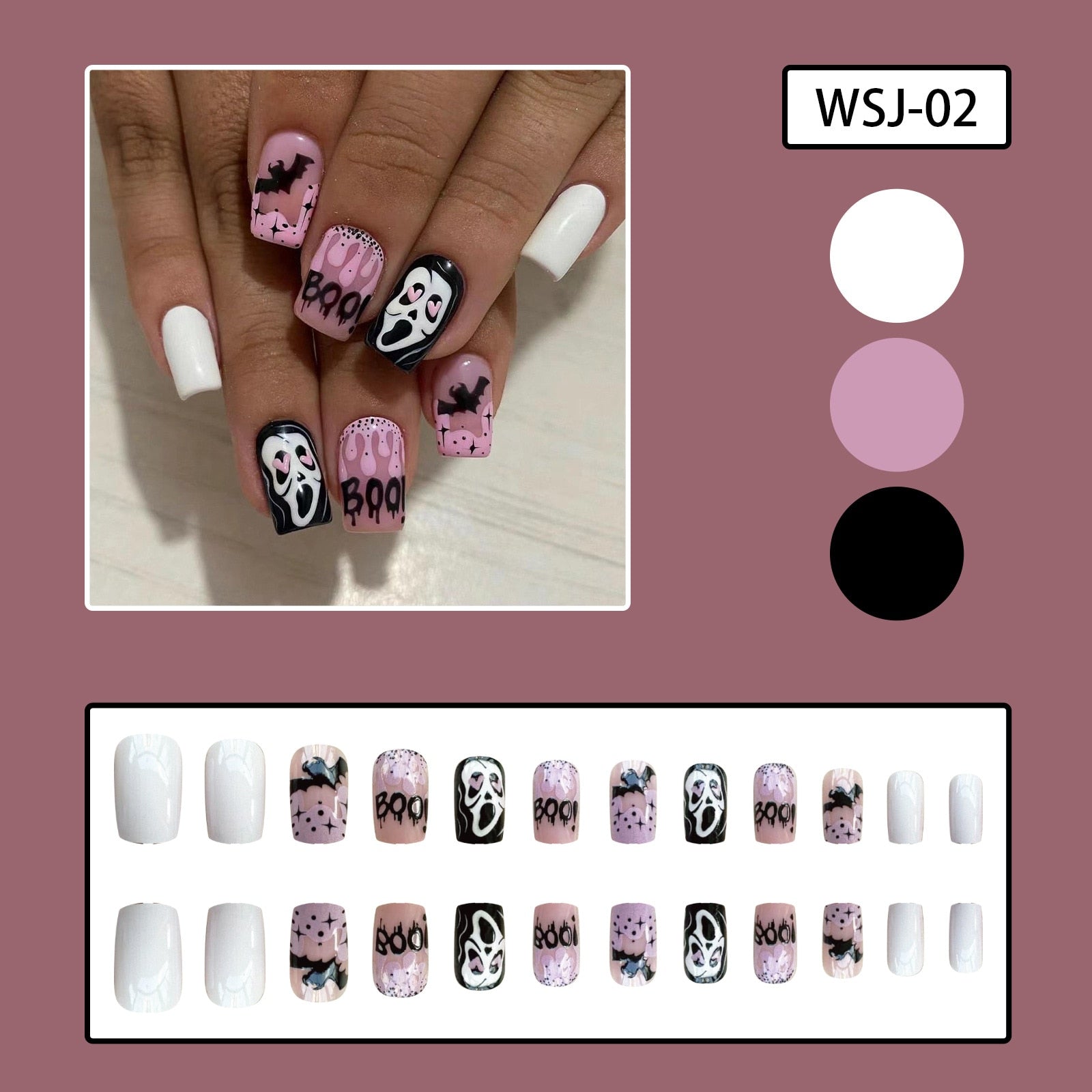 24pcs Sweet Cool Pink Black False Nails Halloween Skull Batch Pattern Design Press On Nail Patch Wearable Artificial Nail Tips Spain 1