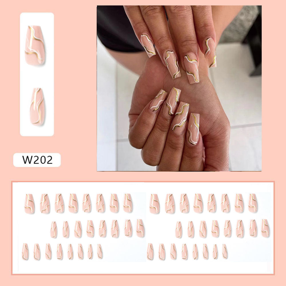24pcs Wearable Fake Nails Blue Smudged Medium Long Coffin Gold Foil False Nails Full Cover Nail Tips Set Press On Nails DIY Tool 7