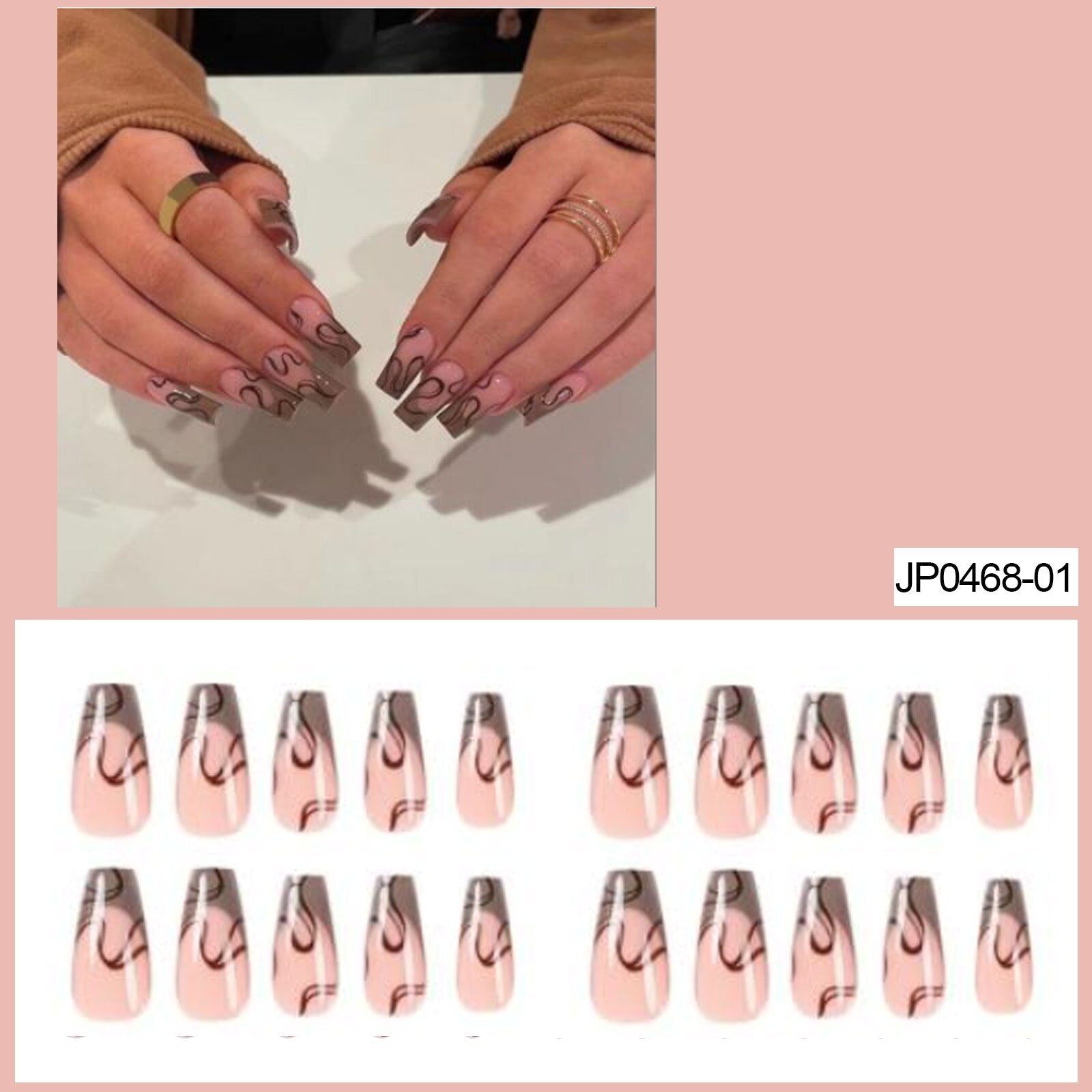 24pcs Wearable Fake Nails Blue Smudged Medium Long Coffin Gold Foil False Nails Full Cover Nail Tips Set Press On Nails DIY Tool 8