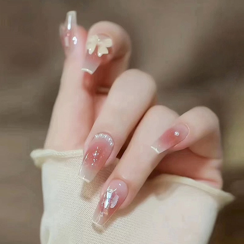 24pcs Wearable Pink Press On Fake Nails Tips With Glue false nails design Butterfly Lovely Girl false nails With Wearing Tools 363