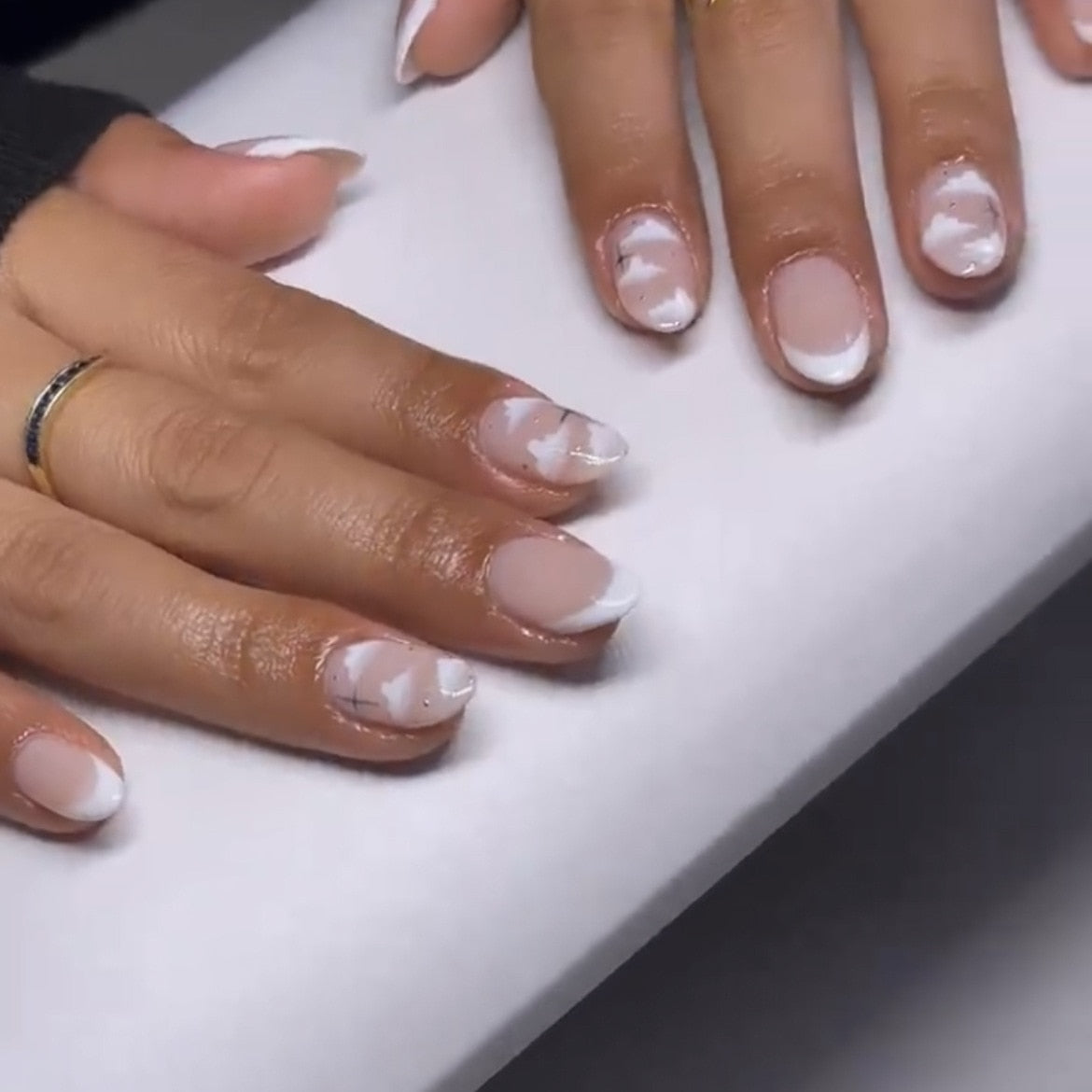 24pcs Wearable Short Round Head Sparkling French fake nails with glue Full Cover Almond Press On False Nails with Waves Stripes Y-181