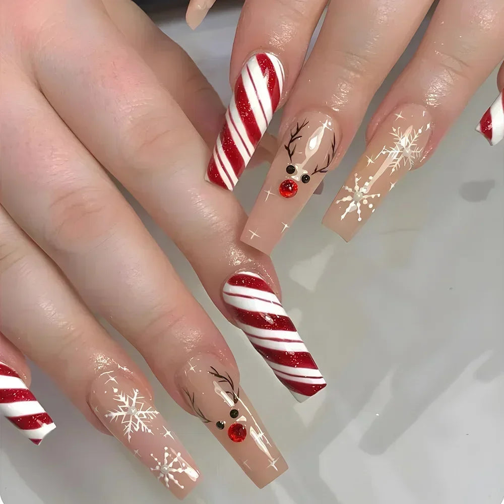 24pcs detachable Christmas designs false nails with glue full cover ballet Snowflakes Christmas Candy gifts press on fake nails CZ198