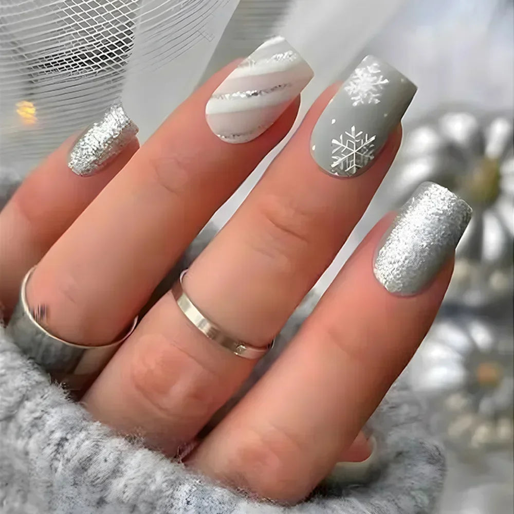 24pcs detachable Christmas designs false nails with glue full cover ballet Snowflakes Christmas Candy gifts press on fake nails DY761
