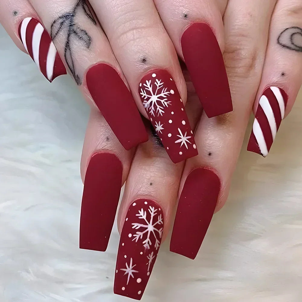 24pcs detachable Christmas designs false nails with glue full cover ballet Snowflakes Christmas Candy gifts press on fake nails CY432