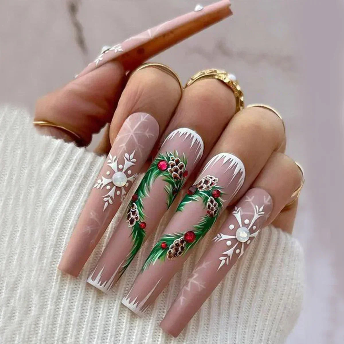 24pcs detachable Christmas designs false nails with glue full cover ballet Snowflakes Christmas Candy gifts press on fake nails 2064