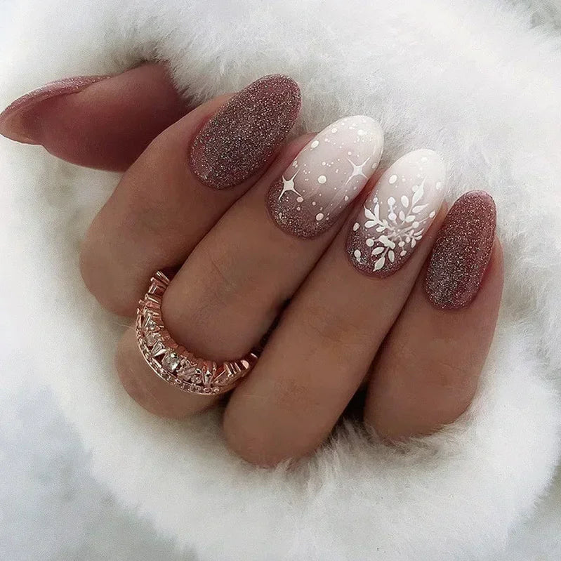 24pcs detachable Christmas designs false nails with glue full cover ballet Snowflakes Christmas Candy gifts press on fake nails 934