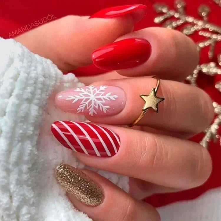 24pcs detachable Christmas designs false nails with glue full cover ballet Snowflakes Christmas Candy gifts press on fake nails DY260