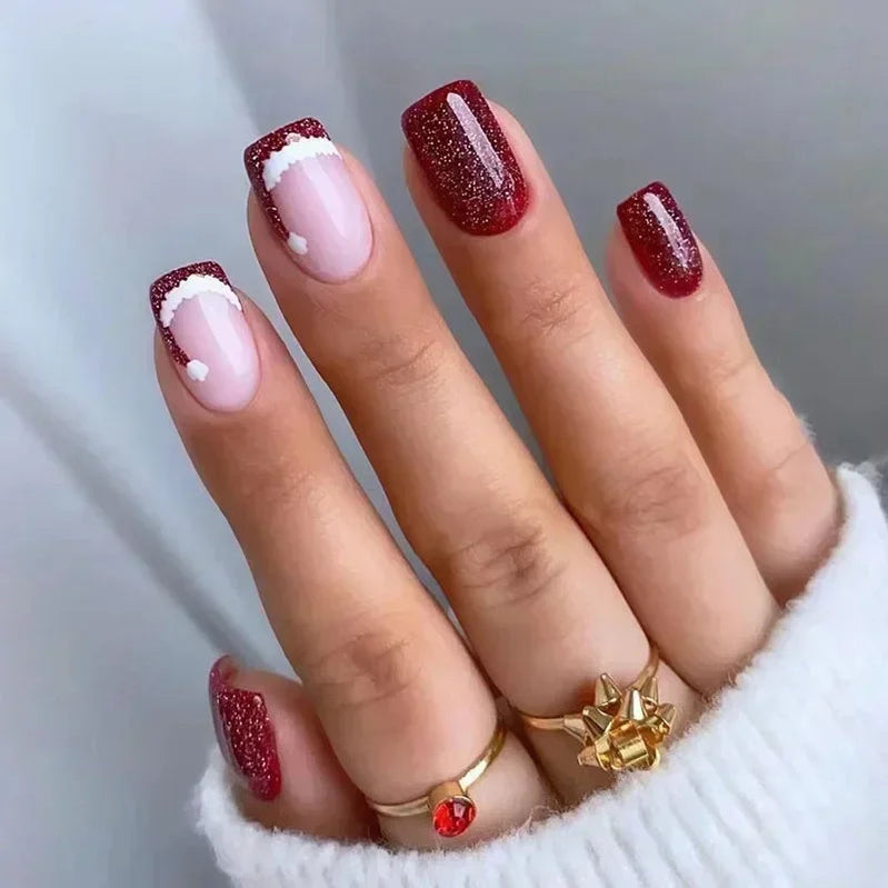 24pcs detachable Christmas designs false nails with glue full cover ballet Snowflakes Christmas Candy gifts press on fake nails 812