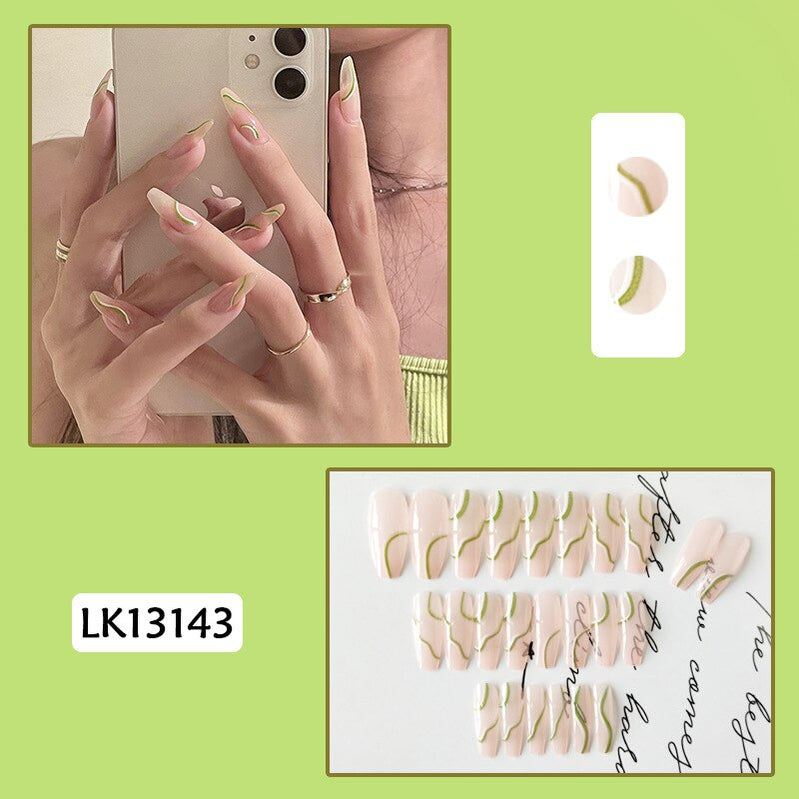 24pcs false nails matte Green Nails Patch with glue Removable Long Paragraph Fashion Manicure press on Nail tips N 32