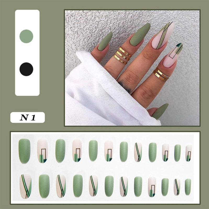 24pcs false nails matte Green Nails Patch with glue Removable Long Paragraph Fashion Manicure press on Nail tips N 1