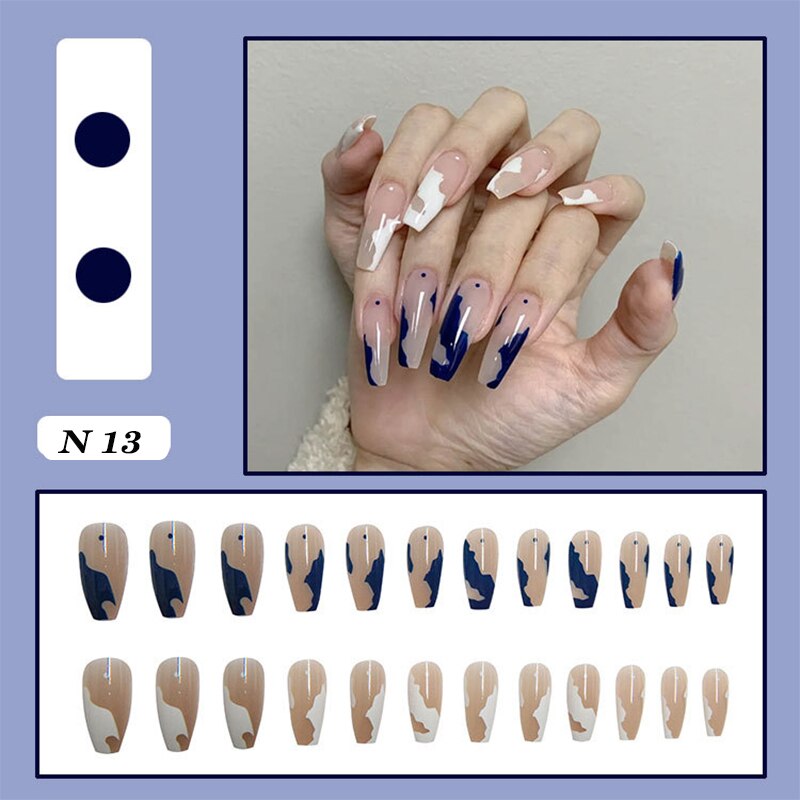 24pcs false nails matte Green Nails Patch with glue Removable Long Paragraph Fashion Manicure press on Nail tips N 13