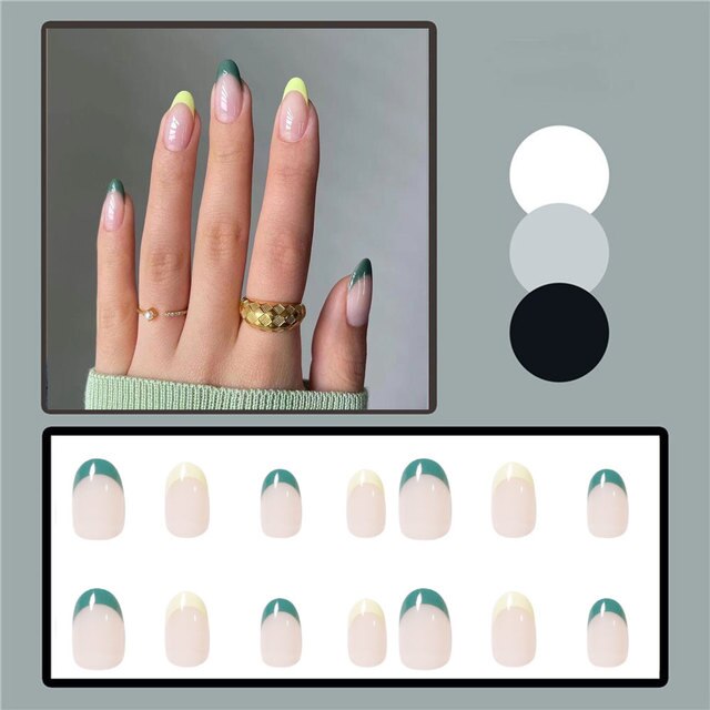 24pcs false nails matte Green Nails Patch with glue Removable Long Paragraph Fashion Manicure press on Nail tips N 34