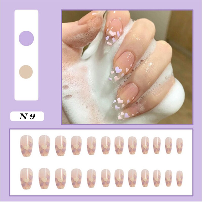 24pcs false nails matte Green Nails Patch with glue Removable Long Paragraph Fashion Manicure press on Nail tips N 9
