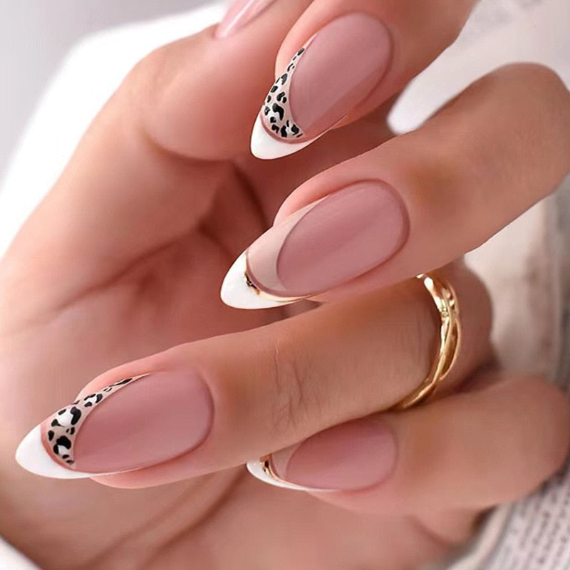 24pcs false nails with almond head French artificial nails with glue Long Paragraph Manicure full cover Stiletto press on nails 244
