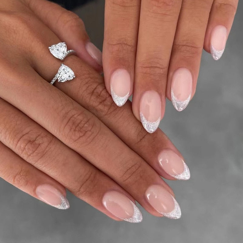 24pcs false nails with almond head French artificial nails with glue Long Paragraph Manicure full cover Stiletto press on nails 933