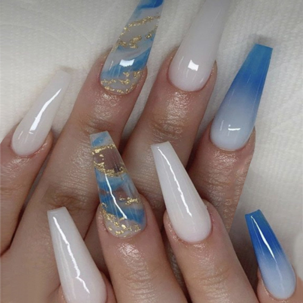 24pcs removeable false nails with glue Ballet nails with designs Gradient Shinny brown press on nails coffin glitter fake nails CP006